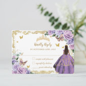 Paarse Lila Bloemen Quinceañera Princess Gold RSVP Kaartje (Staand voorkant)