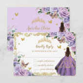 Paarse Lila Bloemen Quinceañera Princess Gold RSVP Kaartje (Voorkant / Achterkant)