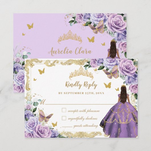 Paarse Lila Bloemen Quinceañera Princess Gold RSVP Kaartje (Voorkant / Achterkant)