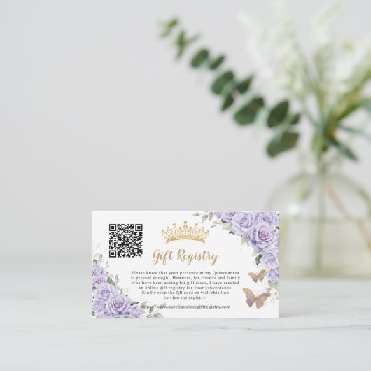 Paarse Lila Bloemen Quinceañera QR Gift Registry Informatiekaartje (Staand voorkant)