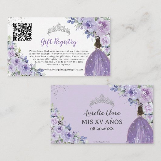 Paarse Lila Bloemen Quinceañera QR Gift Registry Informatiekaartje (Voorkant / Achterkant)