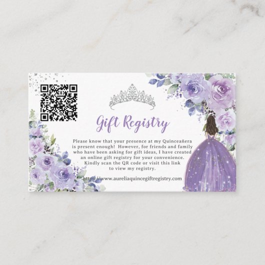 Paarse Lila Bloemen Quinceañera QR Gift Registry Informatiekaartje (Voorkant)