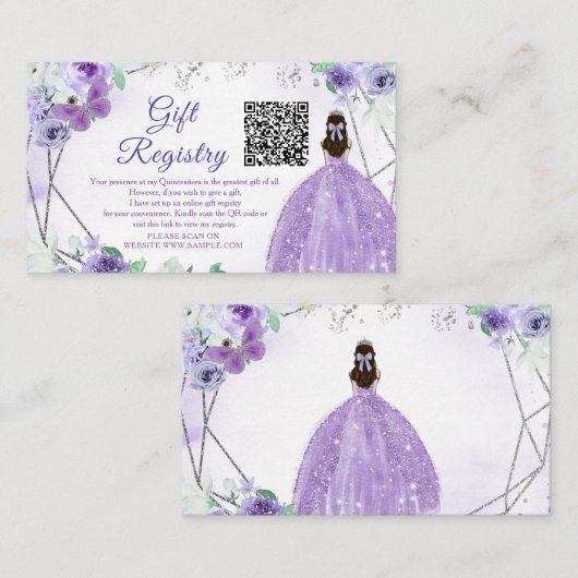 Paarse Lila Bloemen Quinceañera QR Gift Registry Informatiekaartje (Voorkant / Achterkant)