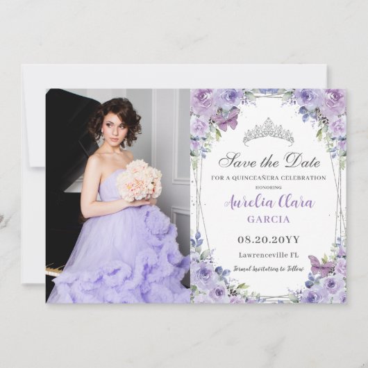 Paarse Lila Bloemen Quinceañera Sweet 16 Afbeeldin Save The Date (Voorkant)