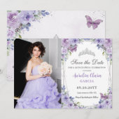 Paarse Lila Bloemen Quinceañera Sweet 16 Afbeeldin Save The Date (Voorkant / Achterkant)