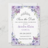 Paarse Lila Bloemen Quinceañera Sweet 16 Silver Save The Date (Voorkant)
