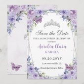 Paarse Lila Bloemen Quinceañera Sweet 16 Silver Save The Date (Voorkant / Achterkant)