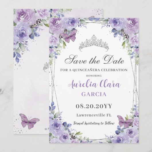 Paarse Lila Bloemen Quinceañera Sweet 16 Silver Save The Date (Voorkant / Achterkant)