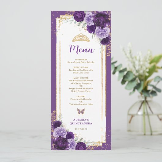 Paarse Lila Bloemen Quinceanera Verjaardag Menu Ka Kaart (Staand voorkant)