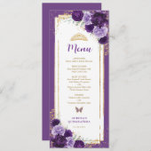 Paarse Lila Bloemen Quinceanera Verjaardag Menu Ka Kaart (Voorkant / Achterkant)