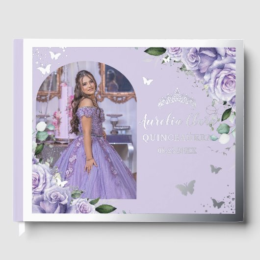 Paarse Lila Bloemen Quinceañera XV 15 Zilveren Fot Gastenboek (Voorkant)