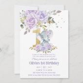 Paarse Lila Bloemen Schattigee Olifant Een 1e Verj Kaart (Voorkant)