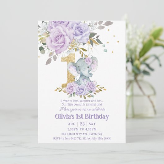 Paarse Lila Bloemen Schattigee Olifant Een 1e Verj Kaart (Staand voorkant)