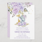 Paarse Lila Bloemen Schattigee Olifant Een 1e Verj Kaart (Voorkant / Achterkant)