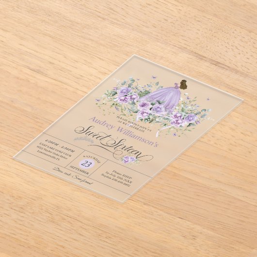 Paarse Lila Bloemen Sweet Sixteen 16e Verjaardag Acryl Uitnodigingen (Laagn)