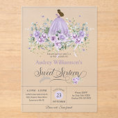 Paarse Lila Bloemen Sweet Sixteen 16e Verjaardag Acryl Uitnodigingen (Voorkant)
