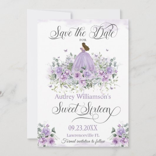 Paarse Lila Bloemen Sweet Sixteen 16e Verjaardag Save The Date (Voorkant)