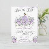 Paarse Lila Bloemen Sweet Sixteen 16e Verjaardag Save The Date (Staand voorkant)