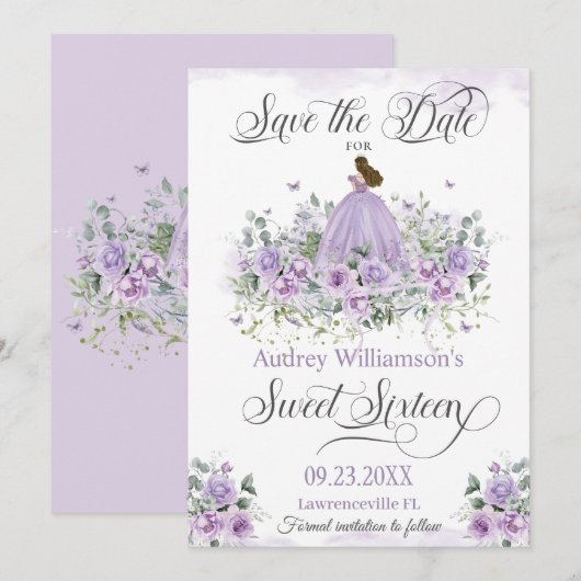 Paarse Lila Bloemen Sweet Sixteen 16e Verjaardag Save The Date (Voorkant / Achterkant)