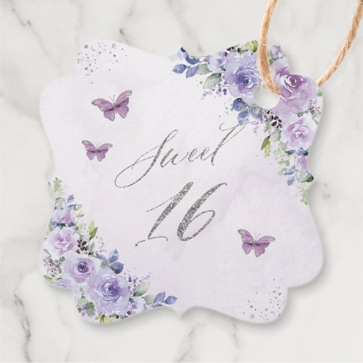 Paarse Lila Bloemen Vlinder Zilver Zoet Zestien Bedankjes Labels (Achterkant)