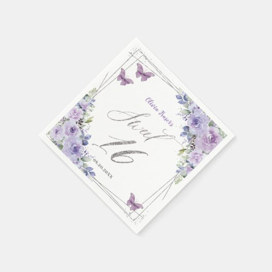 Paarse Lila Bloemen Vlinder Zilver Zoet Zestien Servet (Hoek)