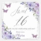 Paarse Lila Bloemen Vlinder Zilver Zoet Zestien Vierkante Sticker (Voorkant)