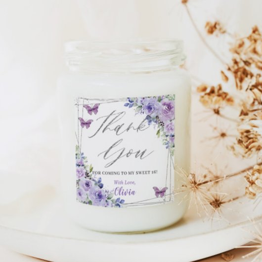 Paarse Lila Bloemen Vlinder Zilver Zoet Zestien Vierkante Sticker