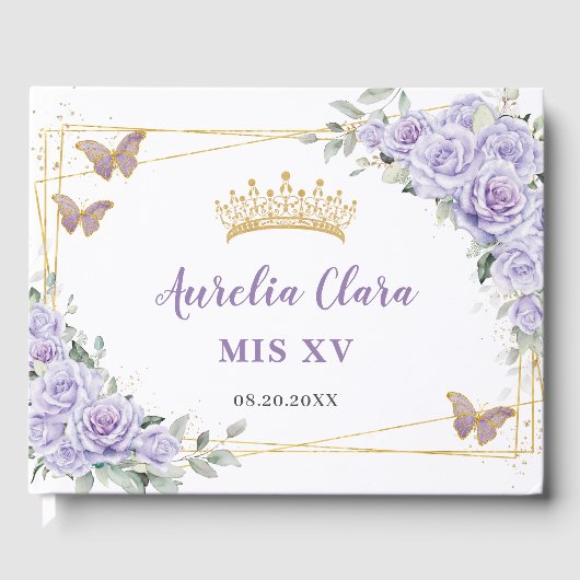 Paarse Lila Bloemen Vlinders Goud QUINCEAÑERA Gastenboek (Voorkant)