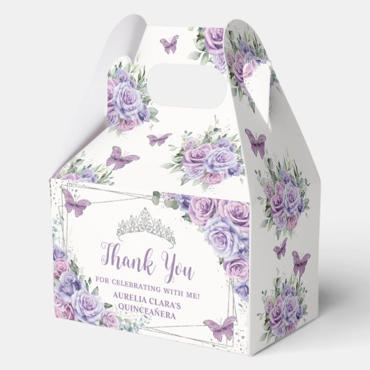 Paarse Lila Bloemen Vlinders Zilveren Tiara Gable Bedankdoosjes (Achterkant)