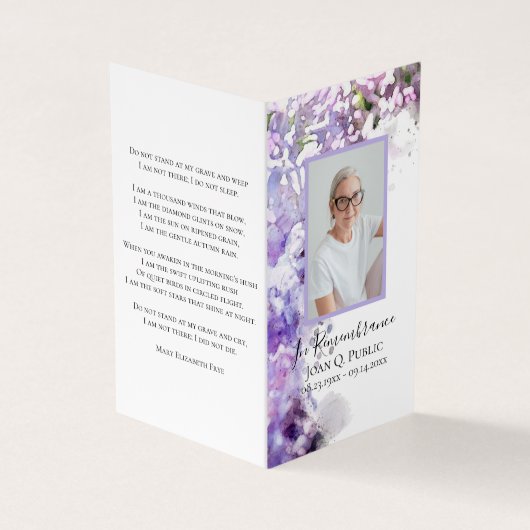 Paarse Lila bloemen Waterverf Begrafenisgebed Visitekaartje (Buitenkant)