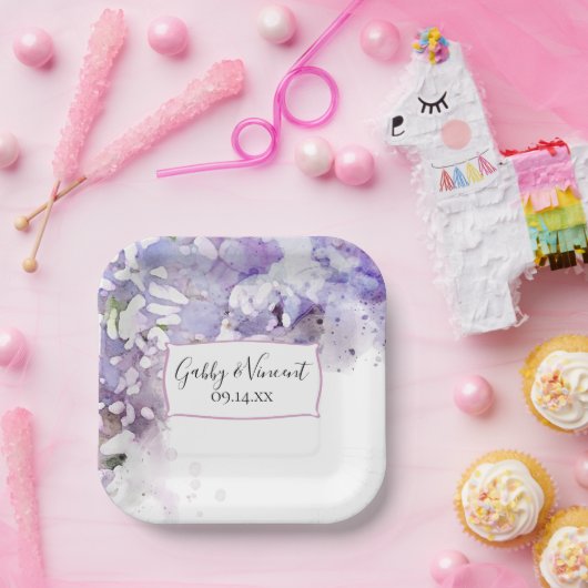 Paarse Lila Bloemen Waterverf Bruiloft Papieren Bordje (Feest)
