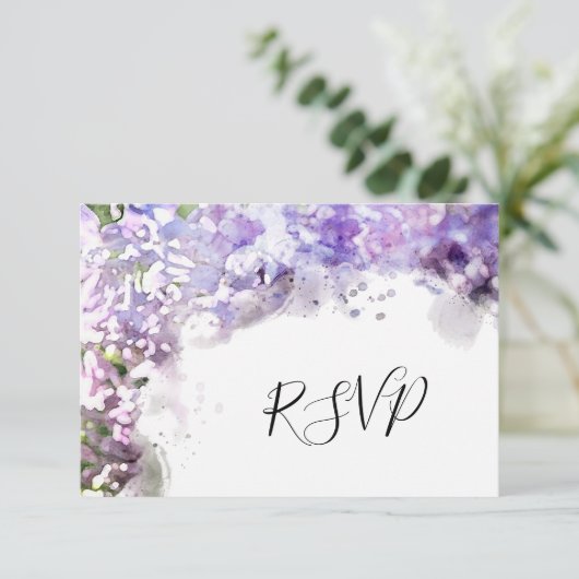 Paarse Lila bloemen Waterverf bruiloft RSVP Kaartje (Staand voorkant)