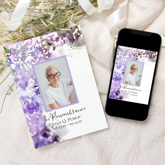 Paarse Lila bloemen Waterverf Dood Jubileum Kaart