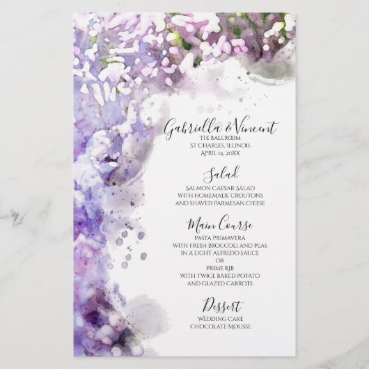 Paarse Lila Bloemen Waterverf Weddenschappen Menu (Voorkant)