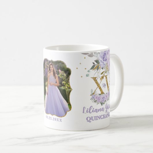 Paarse Lila Bloemen XV QUINCEAÑERA Quince 15 Foto Koffiemok (Voorkant rechts)