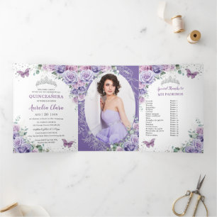 Paarse Lila Bloemen Zilver Quinceañera 15 Foto's Drieluik Uitnodiging