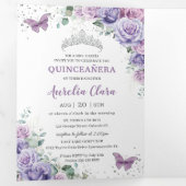 Paarse Lila Bloemen Zilver Quinceañera 15 Foto's Drieluik Uitnodiging (Binnenzijde eerst)