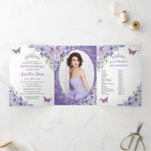 Paarse Lila Bloemen Zilver Quinceañera 15 Foto's Drieluik Uitnodiging