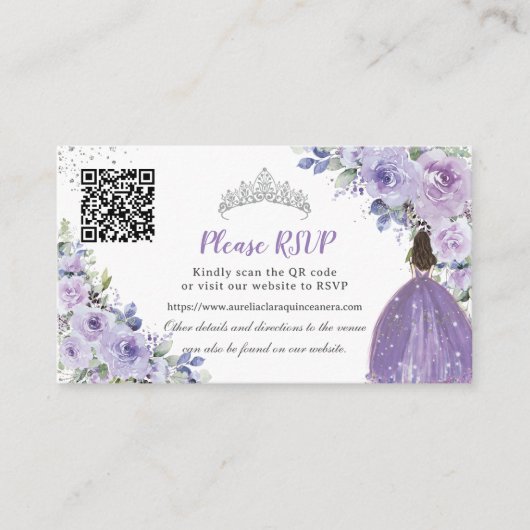 Paarse Lila Bloemen Zilver Quinceañera QR Code Informatiekaartje (Voorkant)