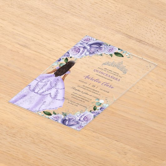 Paarse Lila Bloemen Zilver Quinceañera XV Sweet 16 Acryl Uitnodigingen (Laagn)