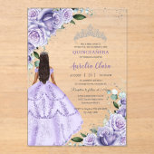Paarse Lila Bloemen Zilver Quinceañera XV Sweet 16 Acryl Uitnodigingen (Voorkant)