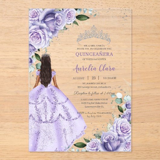 Paarse Lila Bloemen Zilver Quinceañera XV Sweet 16 Acryl Uitnodigingen (Voorkant)