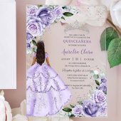 Paarse Lila Bloemen Zilver Quinceañera XV Sweet 16 Acryl Uitnodigingen