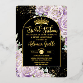 Paarse Lila Bloemen Zwart Goud Sweet 16 Verjaardag Folie Uitnodiging