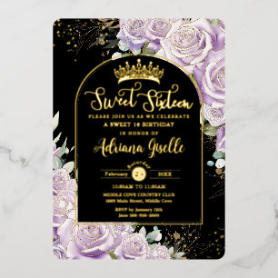 Paarse Lila Bloemen Zwart Goud Sweet 16 Verjaardag Folie Uitnodiging