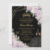 Paarse Lila Bloemen Zwarte Jurk Goud Quinceañera Kaart (Voorkant)