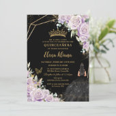 Paarse Lila Bloemen Zwarte Jurk Goud Quinceañera Kaart (Staand voorkant)