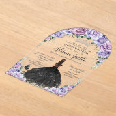 Paarse Lila Bloemen Zwarte Jurk Zilver Quinceanera Acryl Uitnodigingen (Laagn)