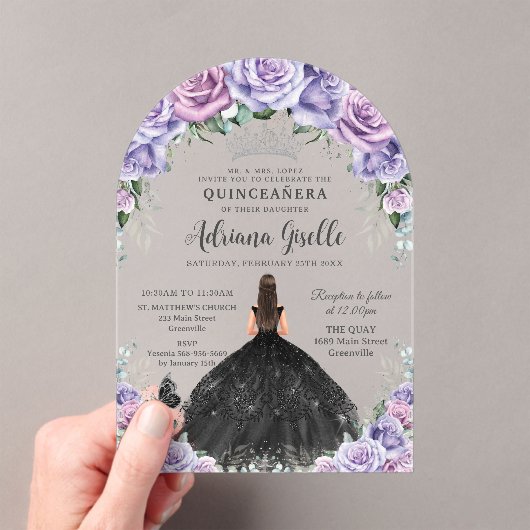Paarse Lila Bloemen Zwarte Jurk Zilver Quinceanera Acryl Uitnodigingen (Insitu (Draagbaar))
