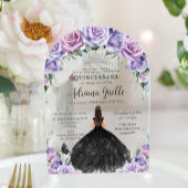 Paarse Lila Bloemen Zwarte Jurk Zilver Quinceanera Acryl Uitnodigingen